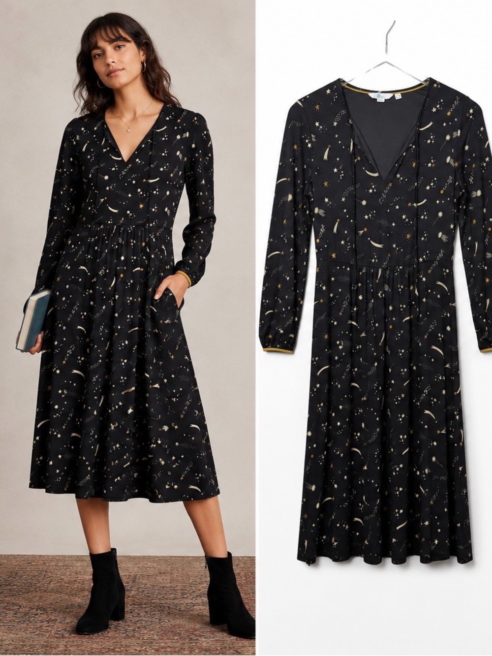 Boden Black Celestial Moon Star Print Women’s Jersey Midi Dress Sz 4P